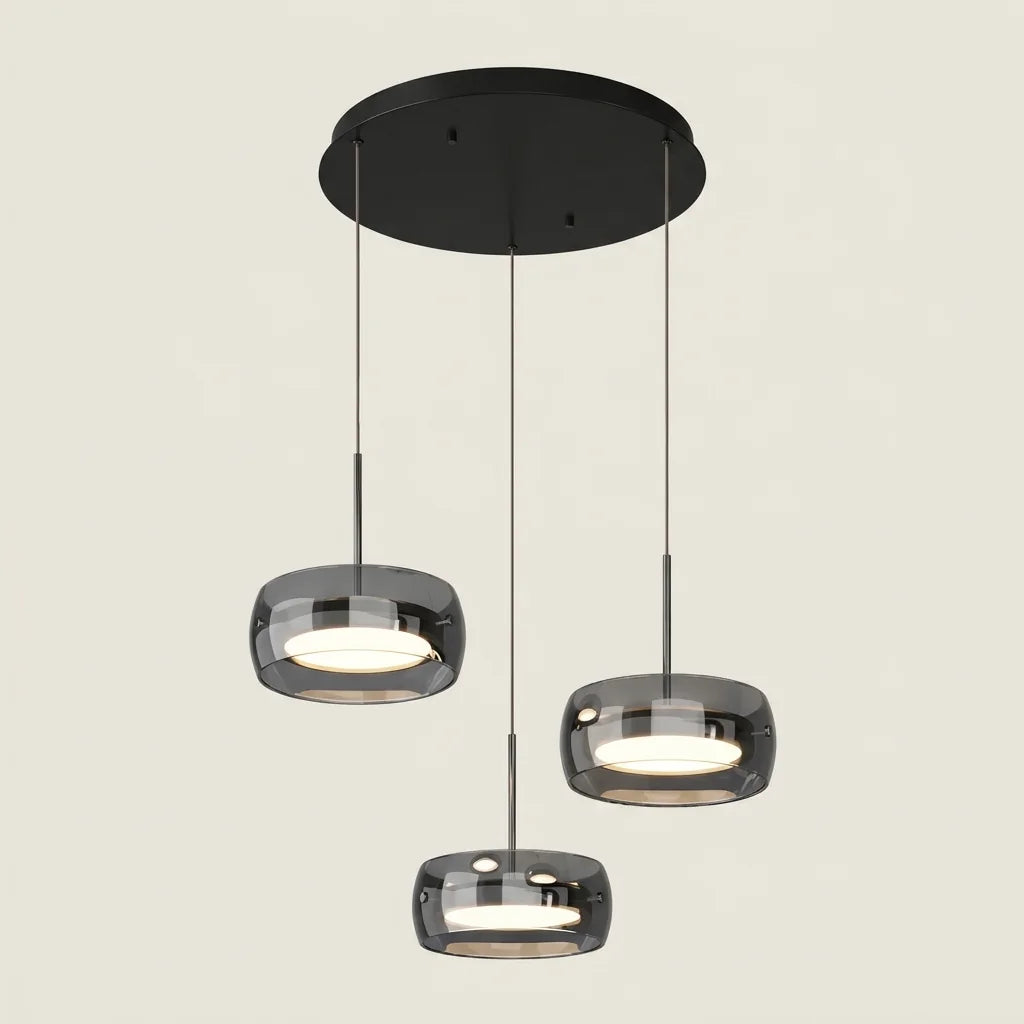 Trois globes en verre fumé sur rosace ronde noire