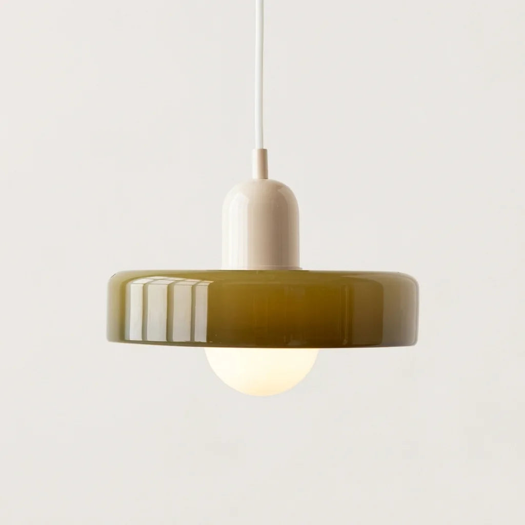 Suspension disque de verre olive et douille beige