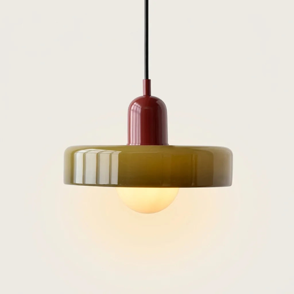Suspension disque de verre olive et douille bordeaux