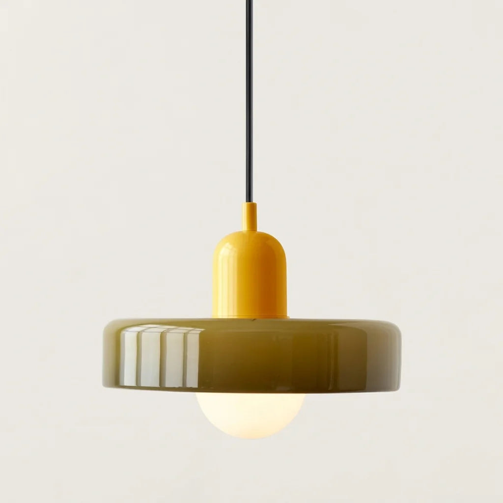 Suspension disque de verre olive et douille jaune