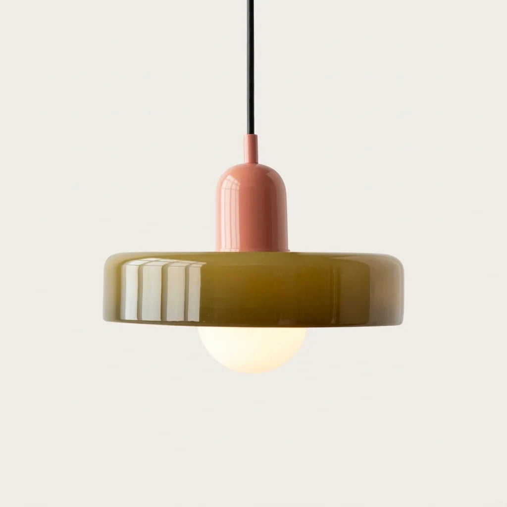 Suspension disque de verre olive et douille rose