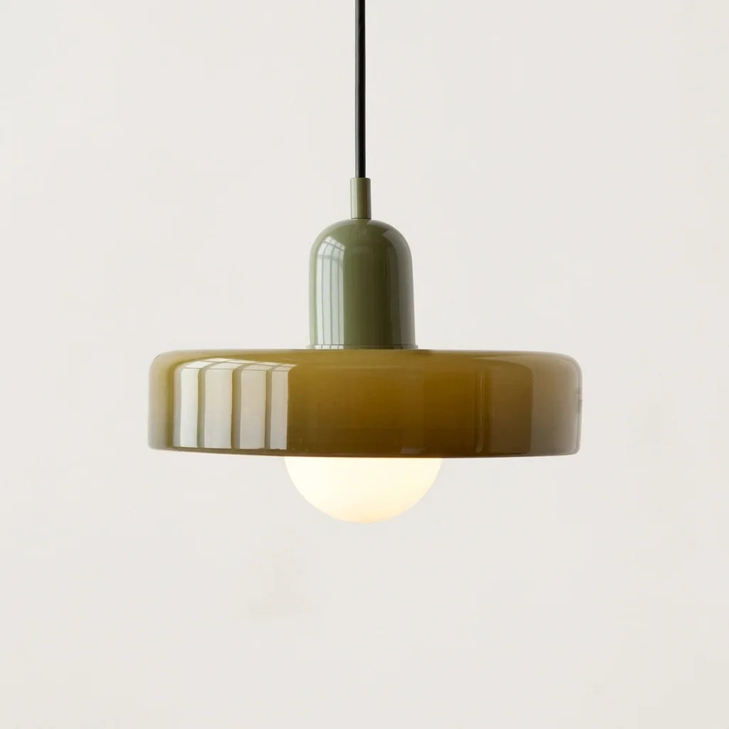 Suspension disque de verre olive et douille vert foncé