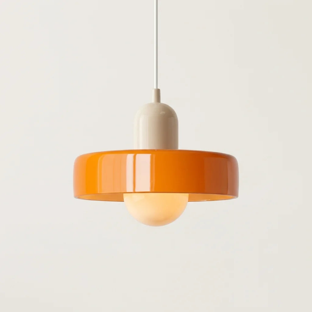 Suspension disque de verre orange et douille beige
