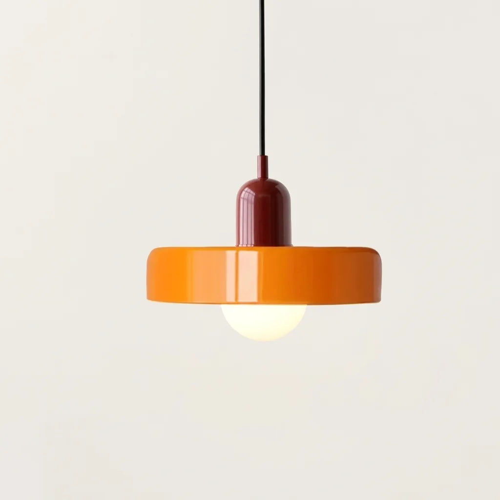 Suspension disque de verre orange et douille bordeaux