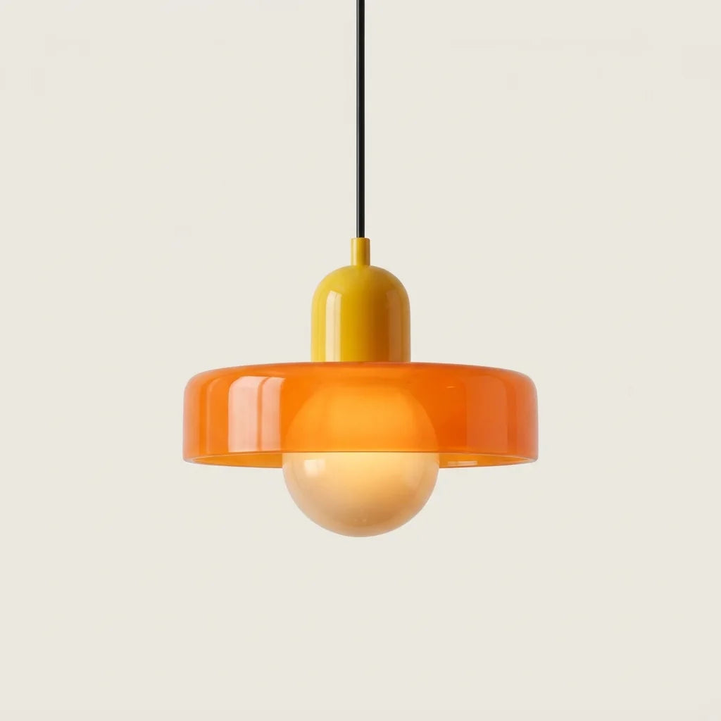 Suspension disque de verre orange et douille jaune