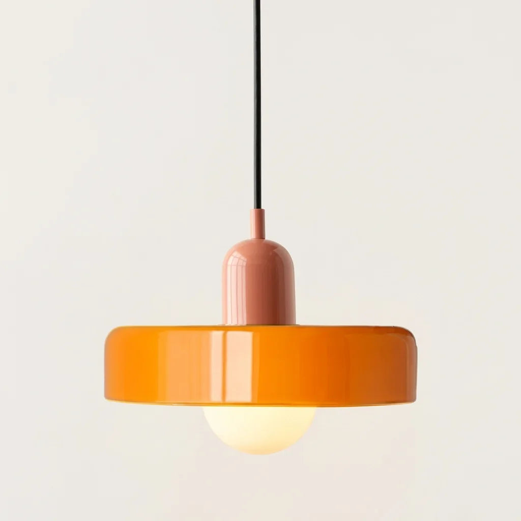 Suspension disque de verre orange et douille rose