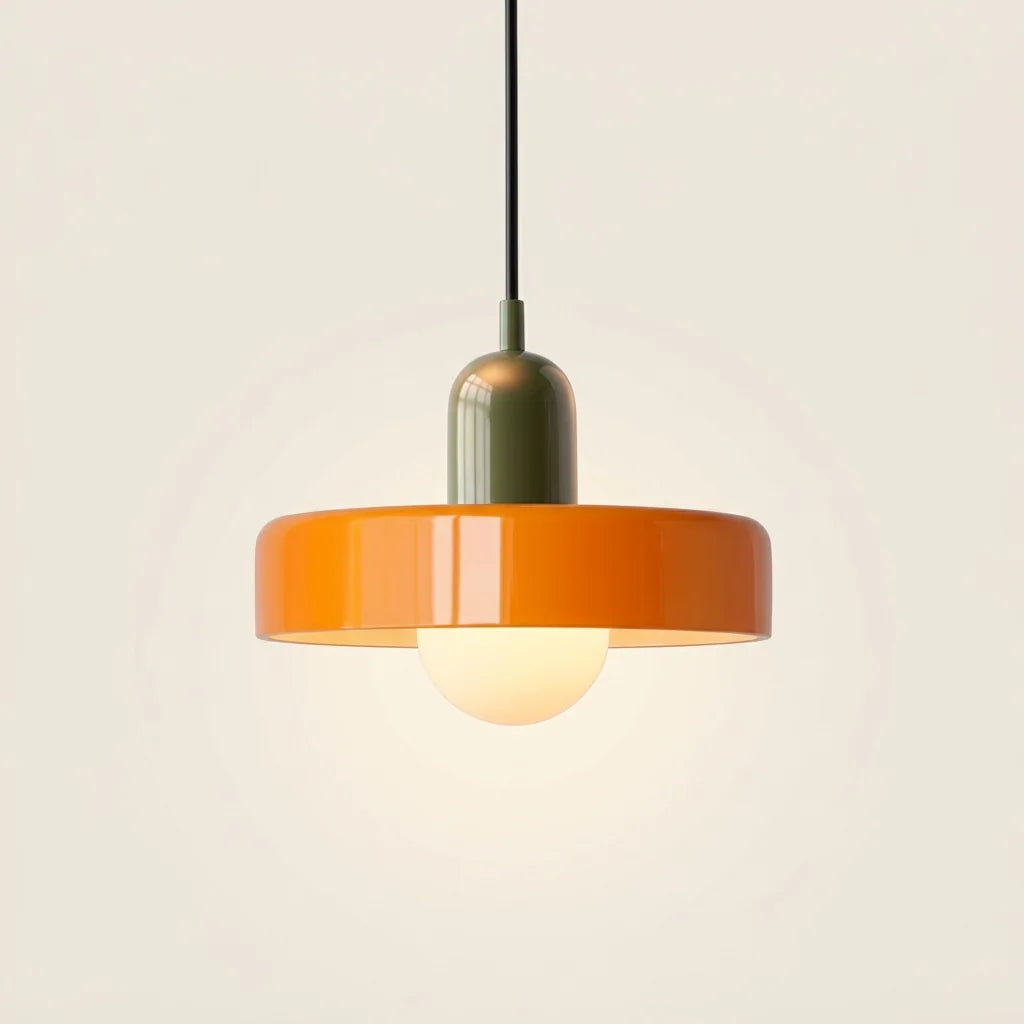 Suspension disque de verre orange et douille vert foncé