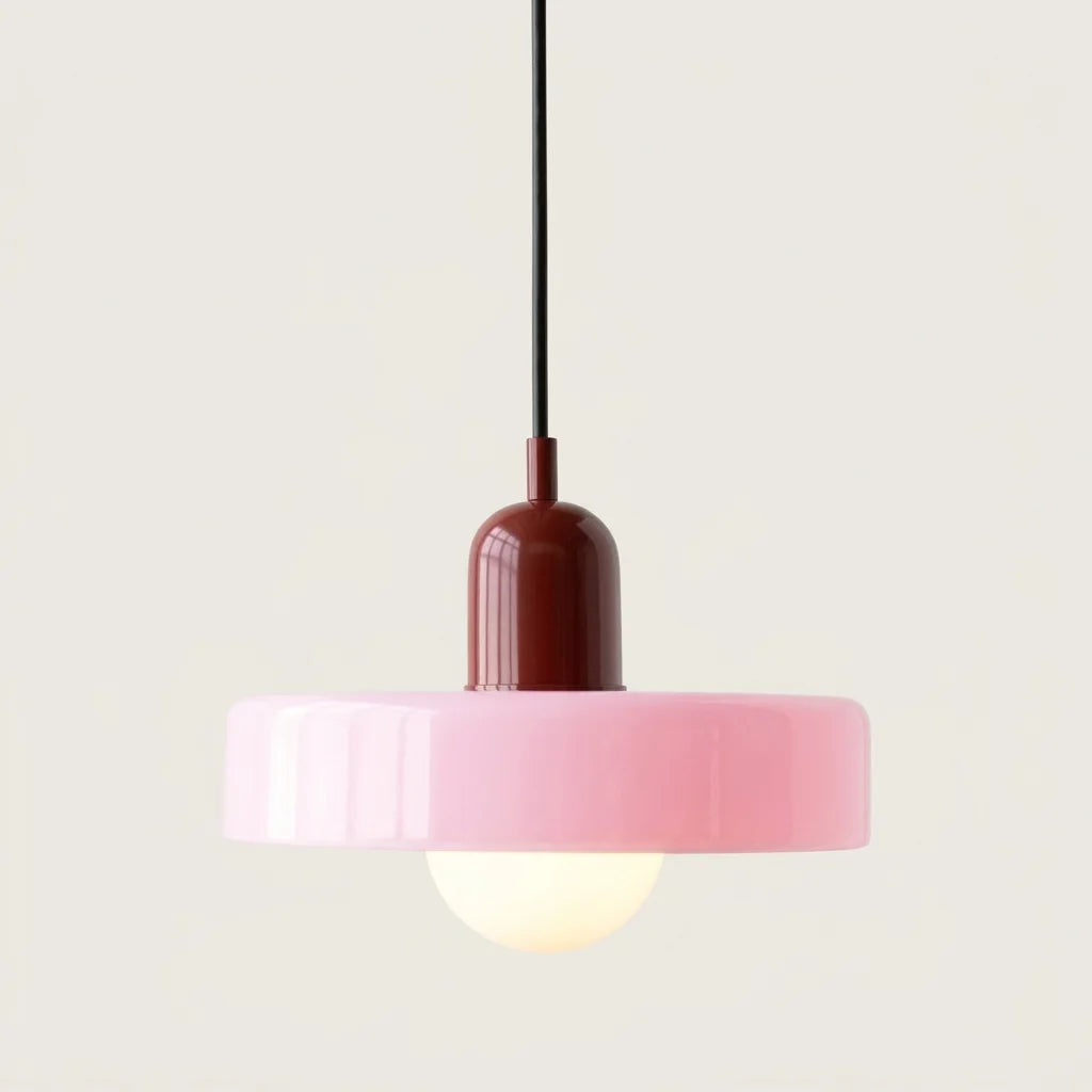 Suspension disque de verre rose et douille bordeaux
