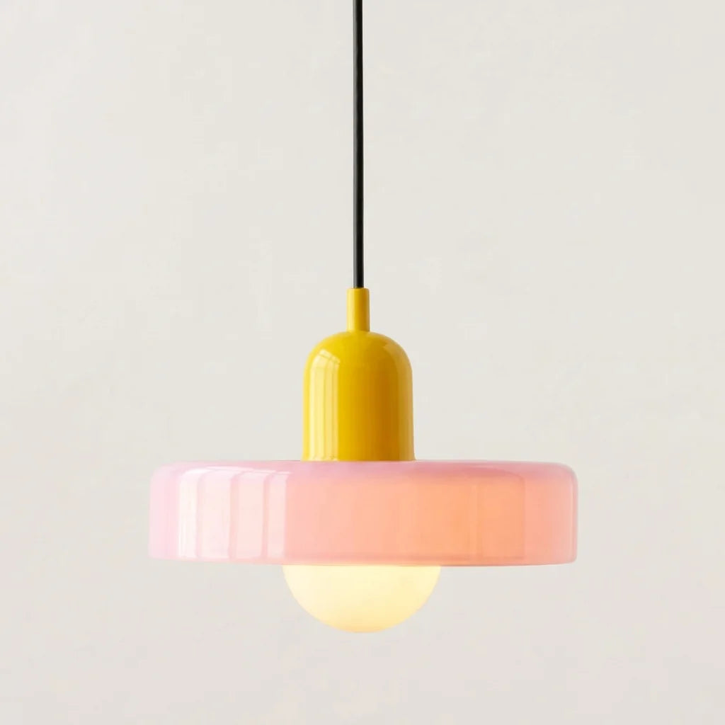 Suspension disque de verre rose et douille jaune