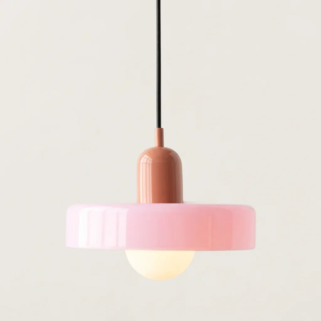 Suspension disque de verre rose et douille rose