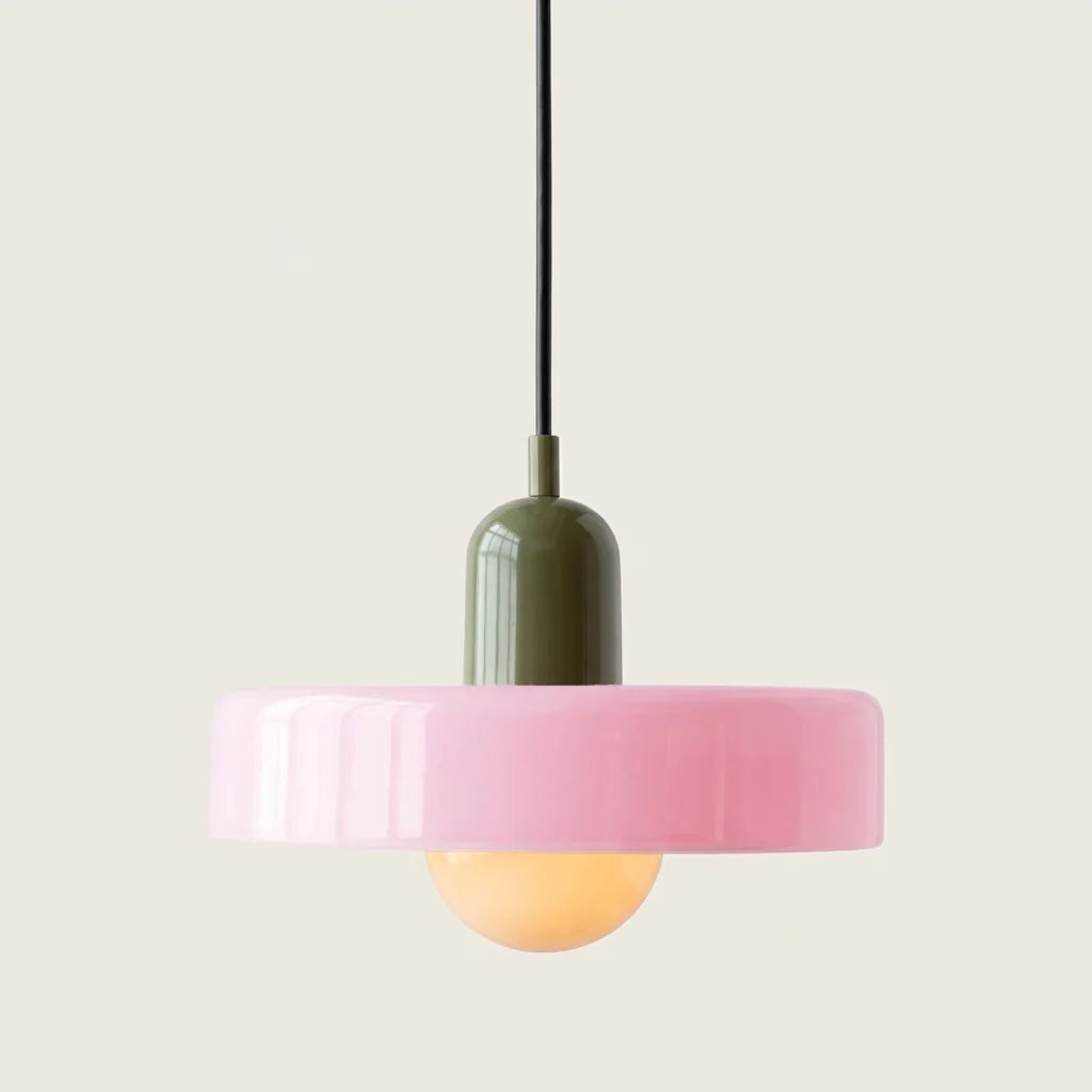 Suspension disque de verre rose et douille vert foncé
