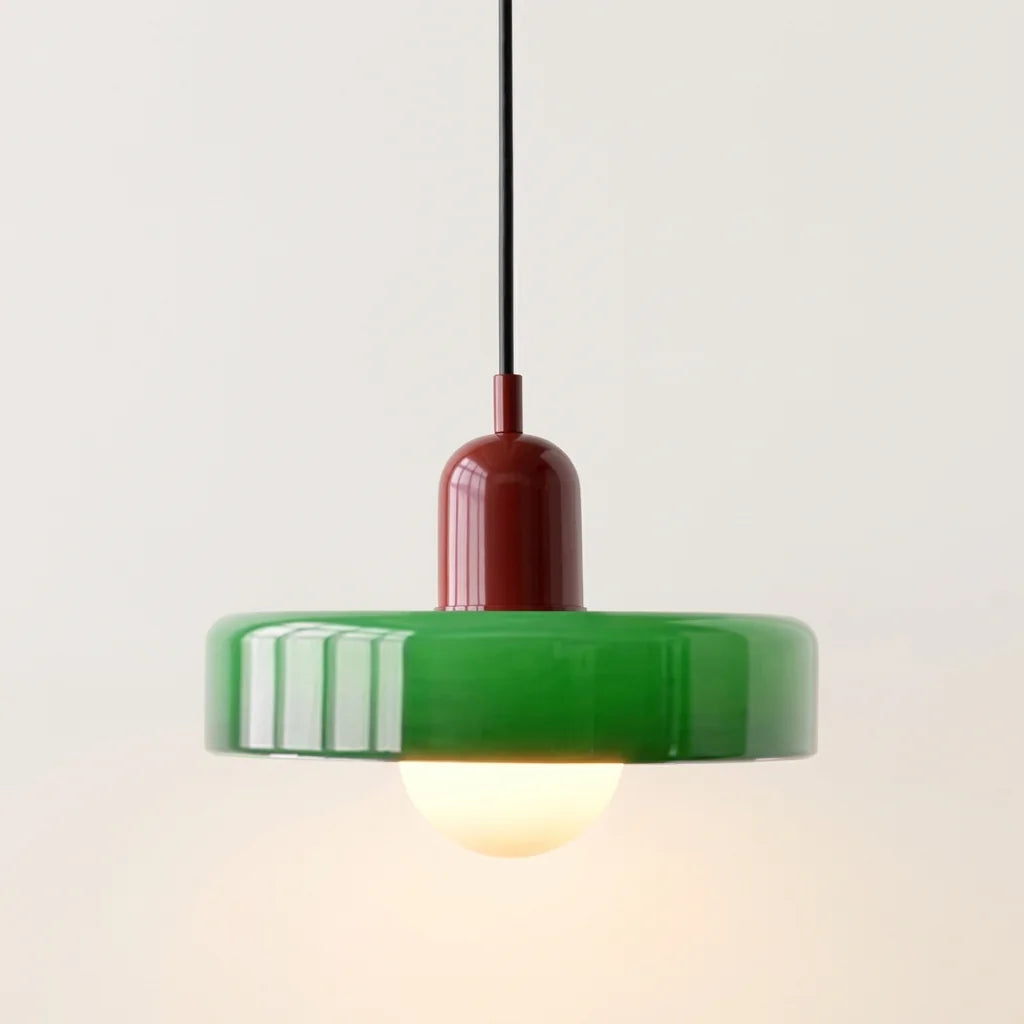 Suspension disque de verre vert et douille bordeaux