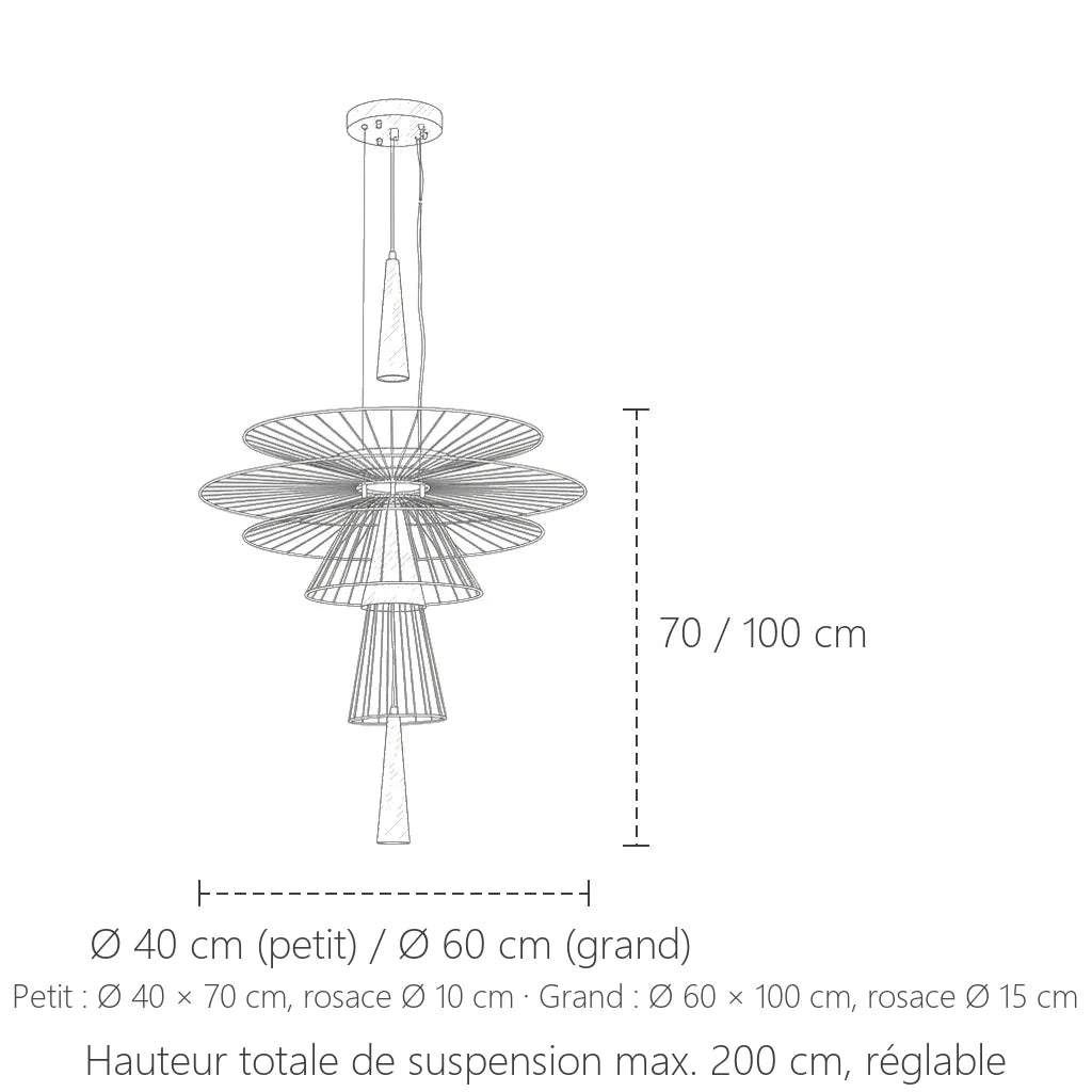 Dimensions de la suspension à disques en fil métallique : Ø 40 ou 60 cm