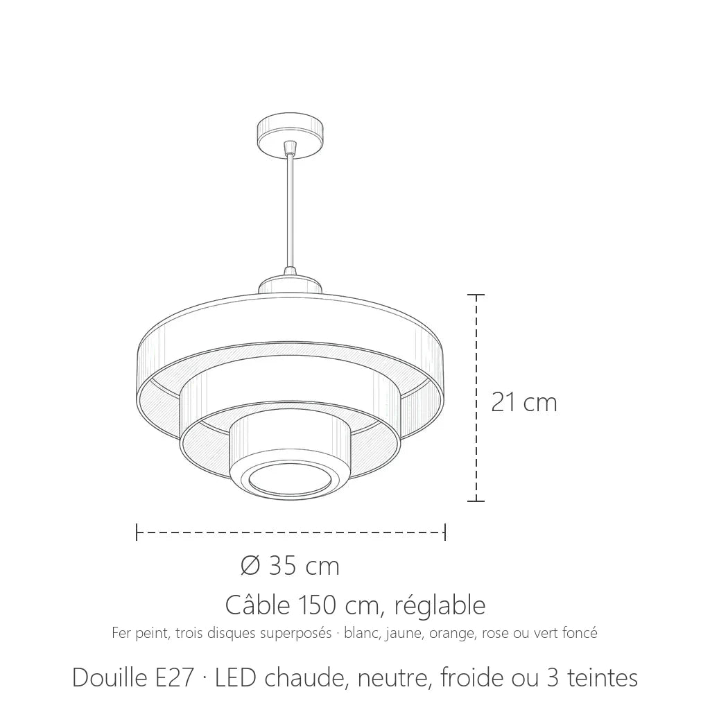 Dimensions de la suspension à disques superposés : Ø 35 cm, hauteur 21 cm