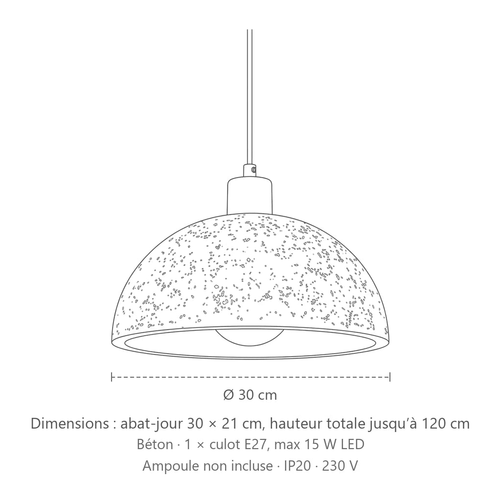 Dimensions : suspension dôme en béton gris, abat-jour 30 × 21 cm, hauteur totale jusqu’à 120 cm
