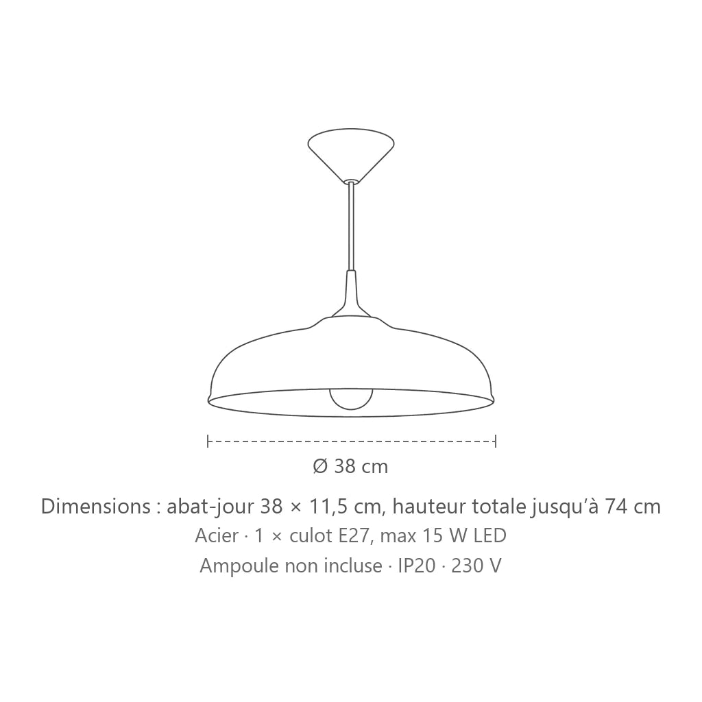 Dimensions : suspension dôme évasé en acier ø 38 cm, abat-jour 38 × 11,5 cm, hauteur totale jusqu’à 74 cm