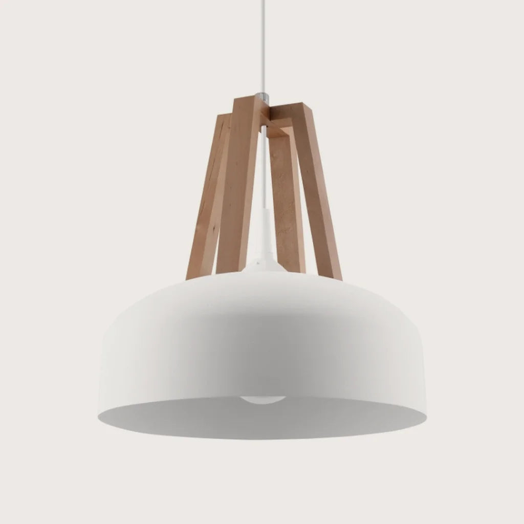 Suspension dôme métal et bois, coloris blanc et bois naturel