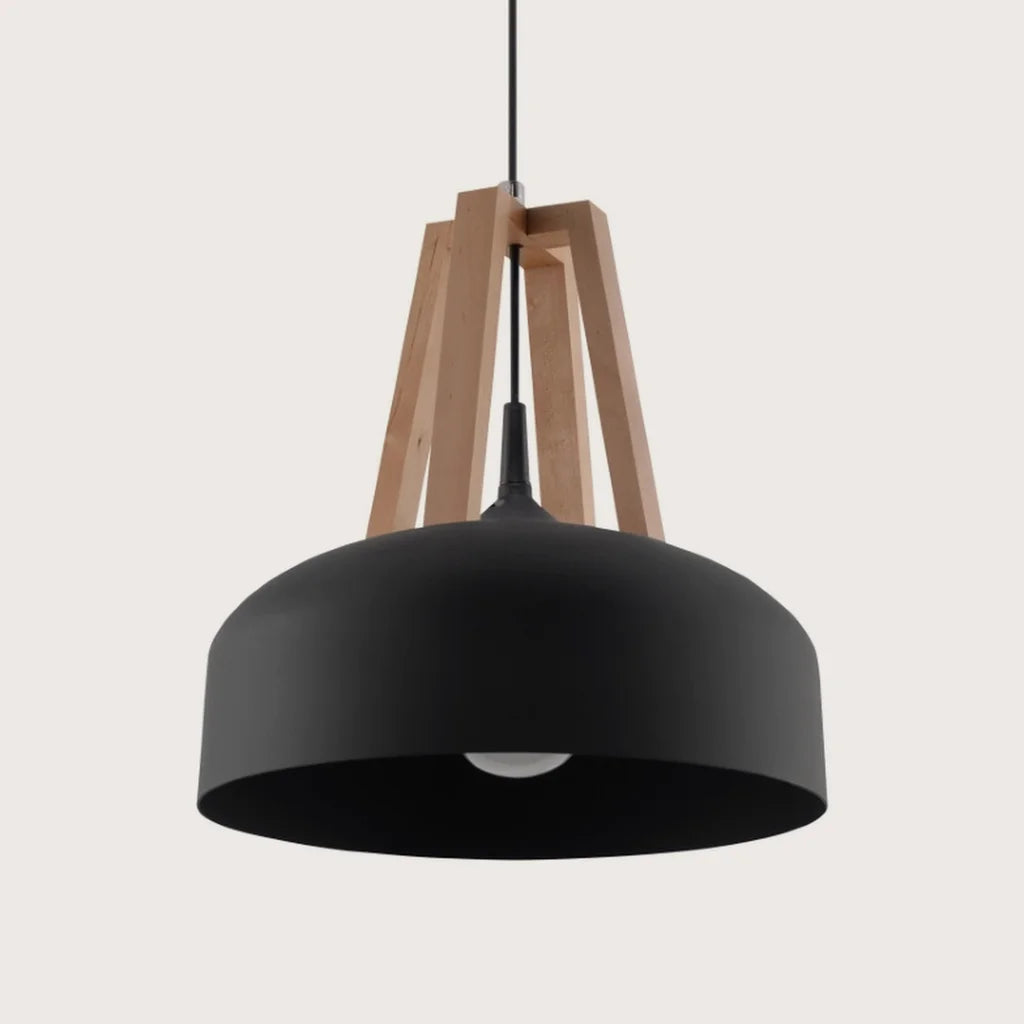 Suspension dôme métal et bois, coloris noir et bois naturel