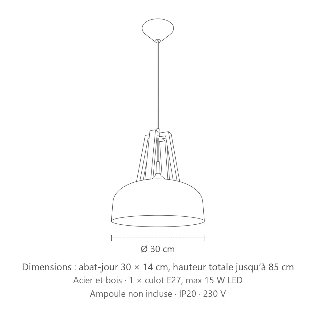 Dimensions : suspension dôme métal et bois, abat-jour 30 × 14 cm, hauteur totale jusqu’à 85 cm