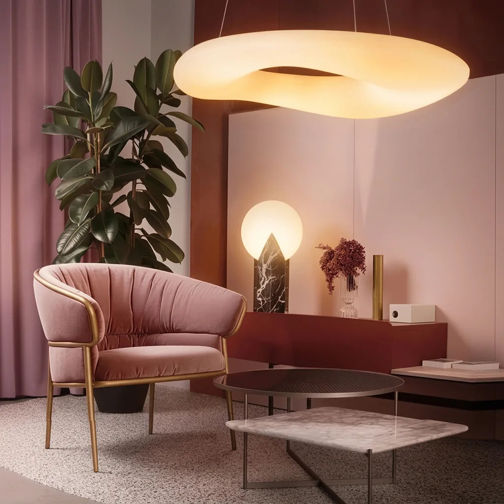 Suspension donut blanche au-dessus d’un fauteuil dans un salon rose