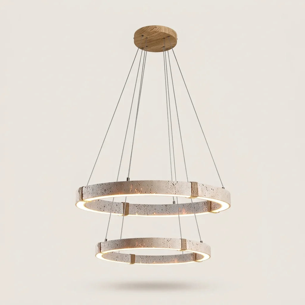 Suspension double anneau en travertin, rosace en bois clair