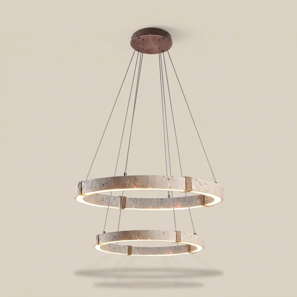 Suspension double anneau en travertin, rosace en noyer noir