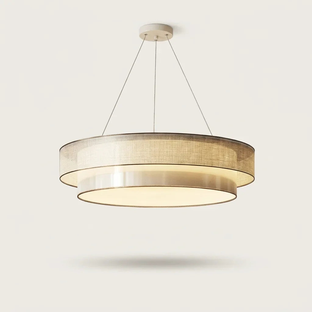 Suspension double tambour en tissu crème, allumée