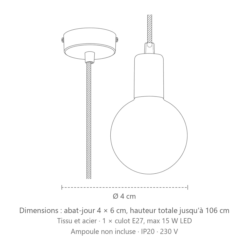 Dimensions : suspension douille noire minimaliste, abat-jour 4 × 6 cm, hauteur totale jusqu’à 106 cm