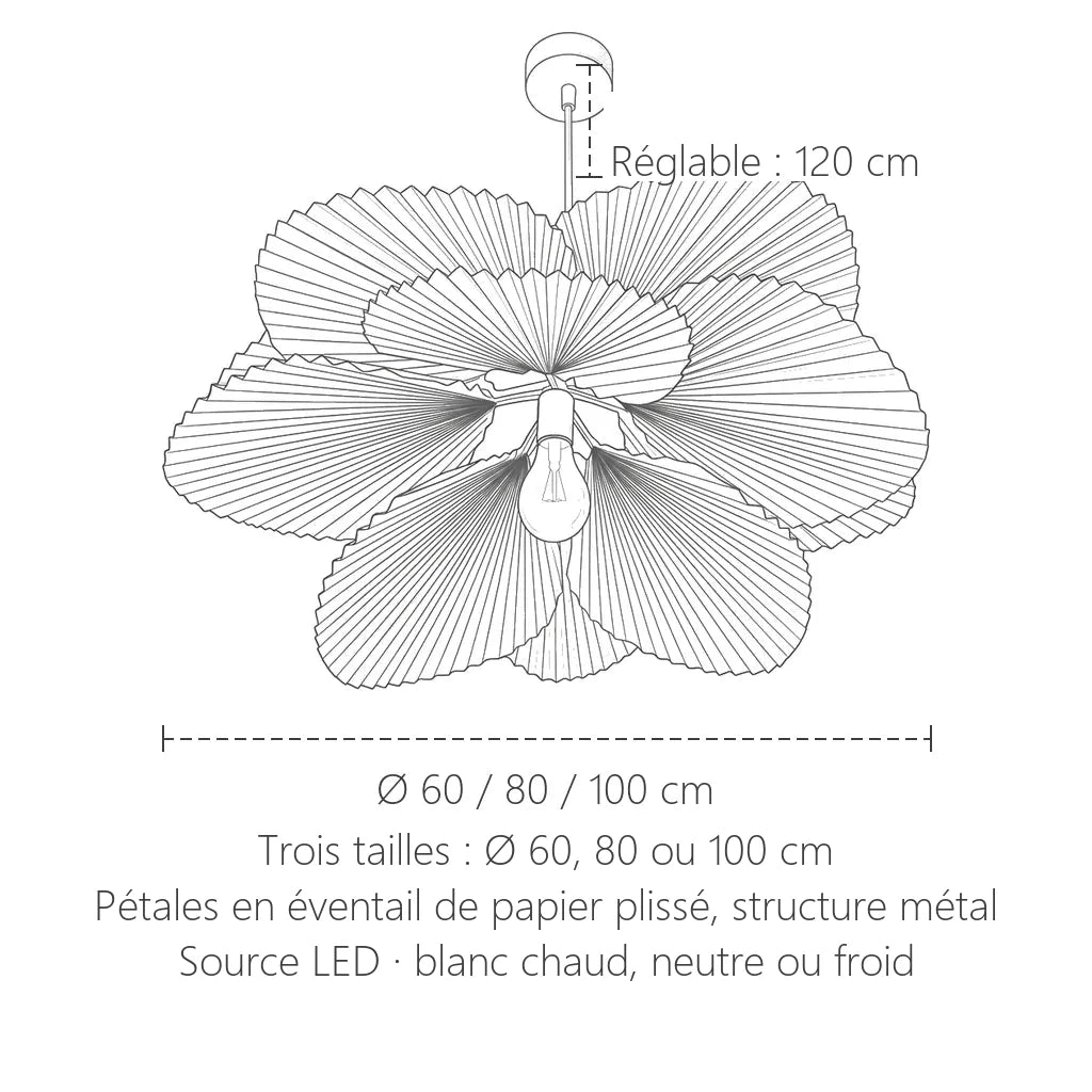 Dimensions de la suspension éventails en papier : Ø 60, 80 ou 100 cm