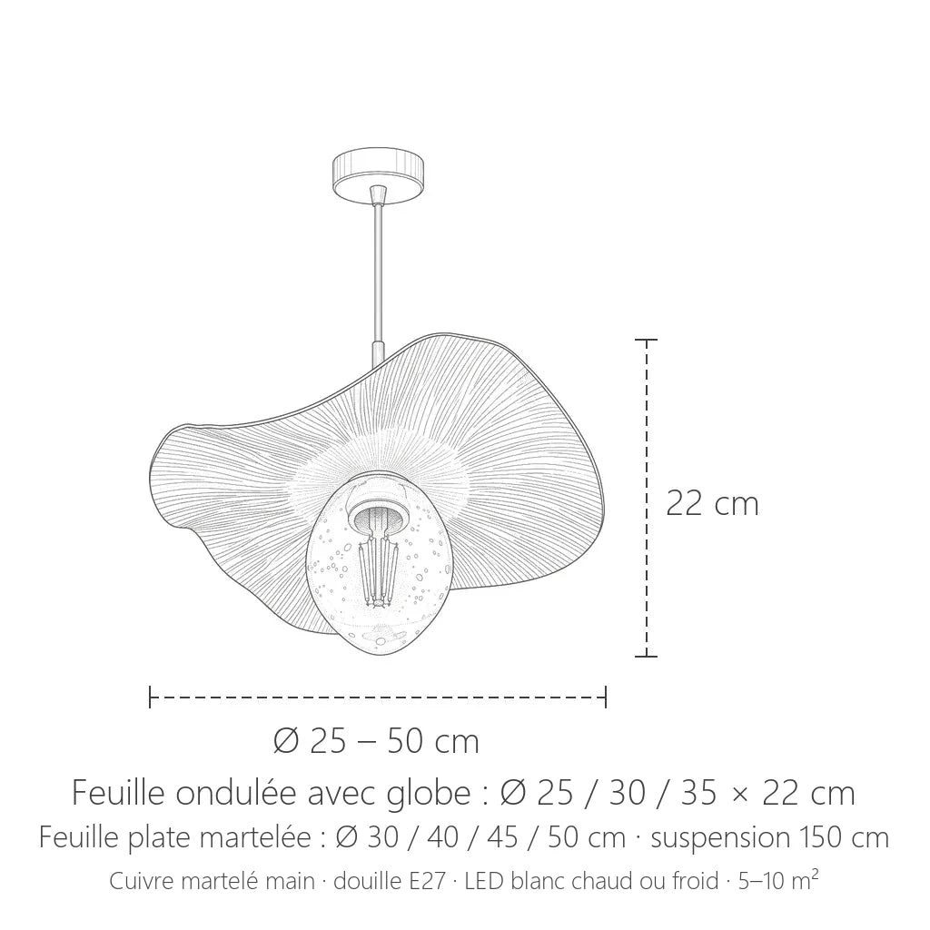 Dimensions de la suspension feuille de lotus en cuivre martelé : Ø 25 à 50 cm