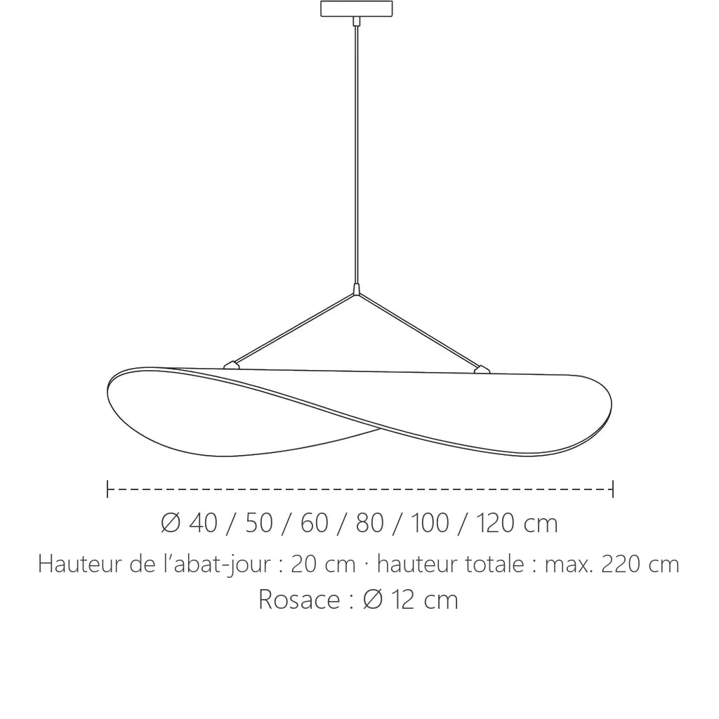 Dimensions de la suspension feuille en Tyvek : Ø 40 à 120 cm, abat-jour 20 cm de haut