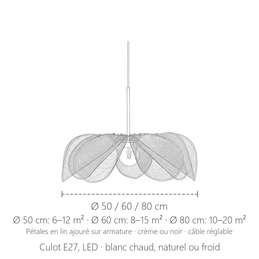 Dimensions de la suspension fleur en lin : Ø 50, 60 ou 80 cm