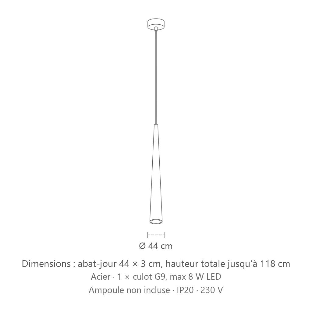 Dimensions : suspension fuseau noir mat effilé, abat-jour 44 × 3 cm, hauteur totale jusqu’à 118 cm