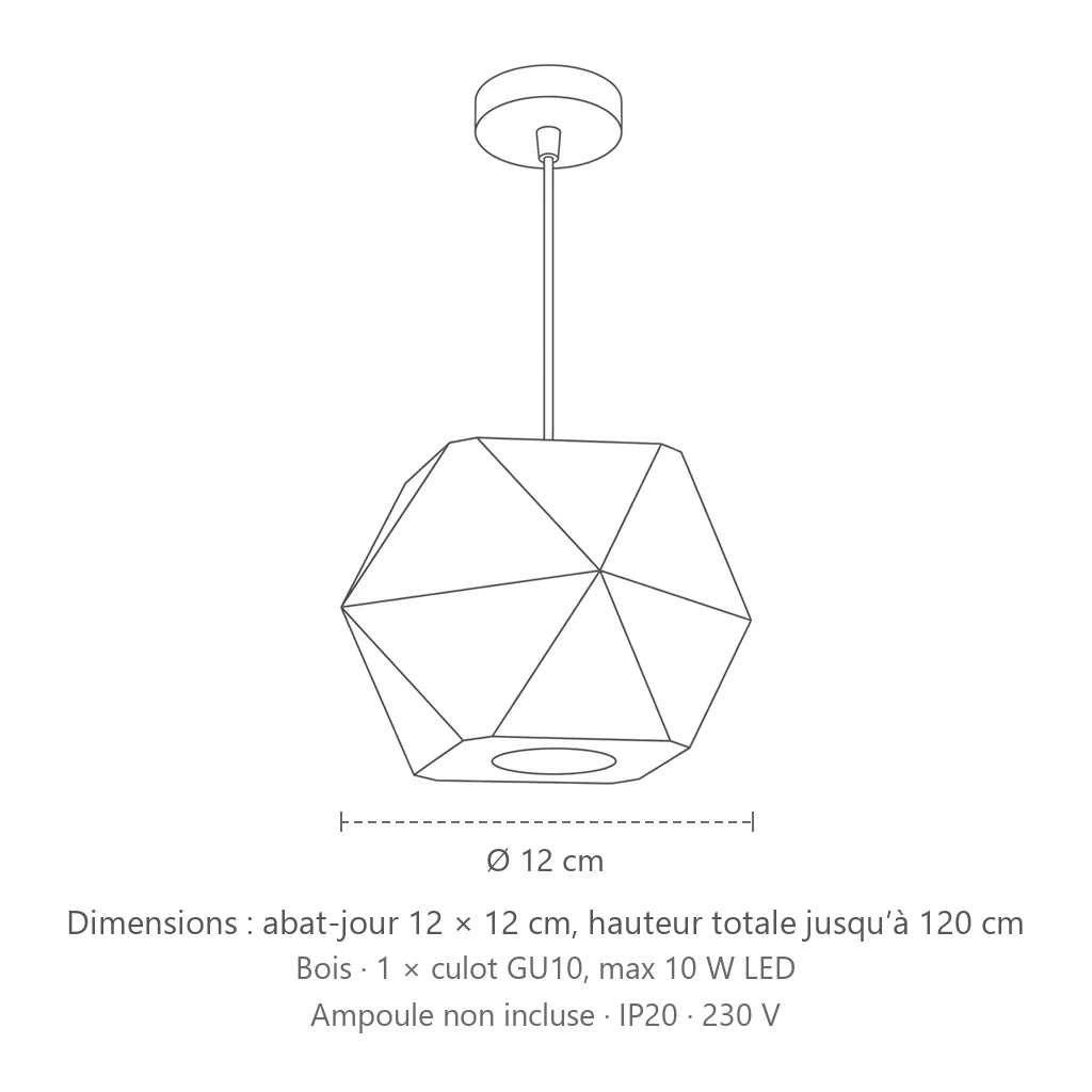 Dimensions : suspension géométrique en bois naturel, abat-jour 12 × 12 cm, hauteur totale jusqu’à 120 cm