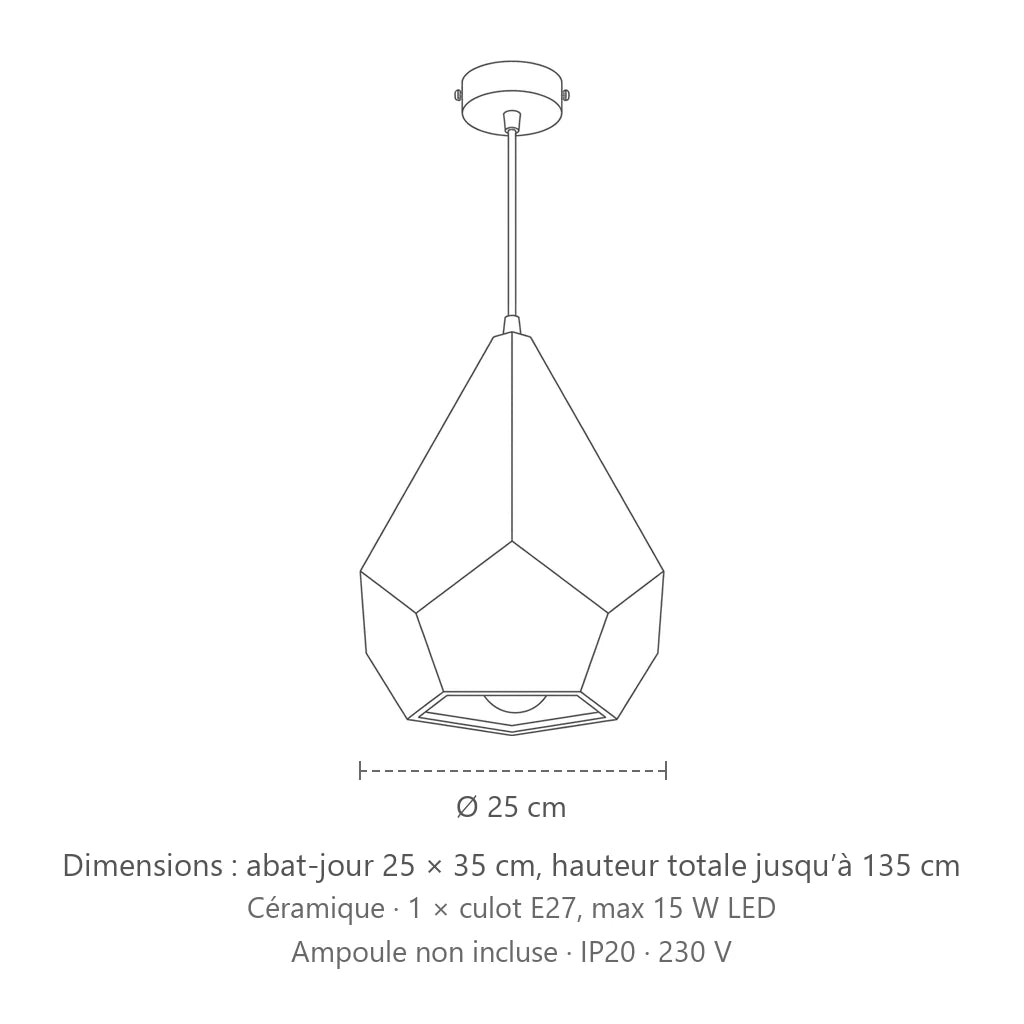 Dimensions : suspension géométrique à facettes en céramique blanche, abat-jour 25 × 35 cm, hauteur totale jusqu’à 135 cm