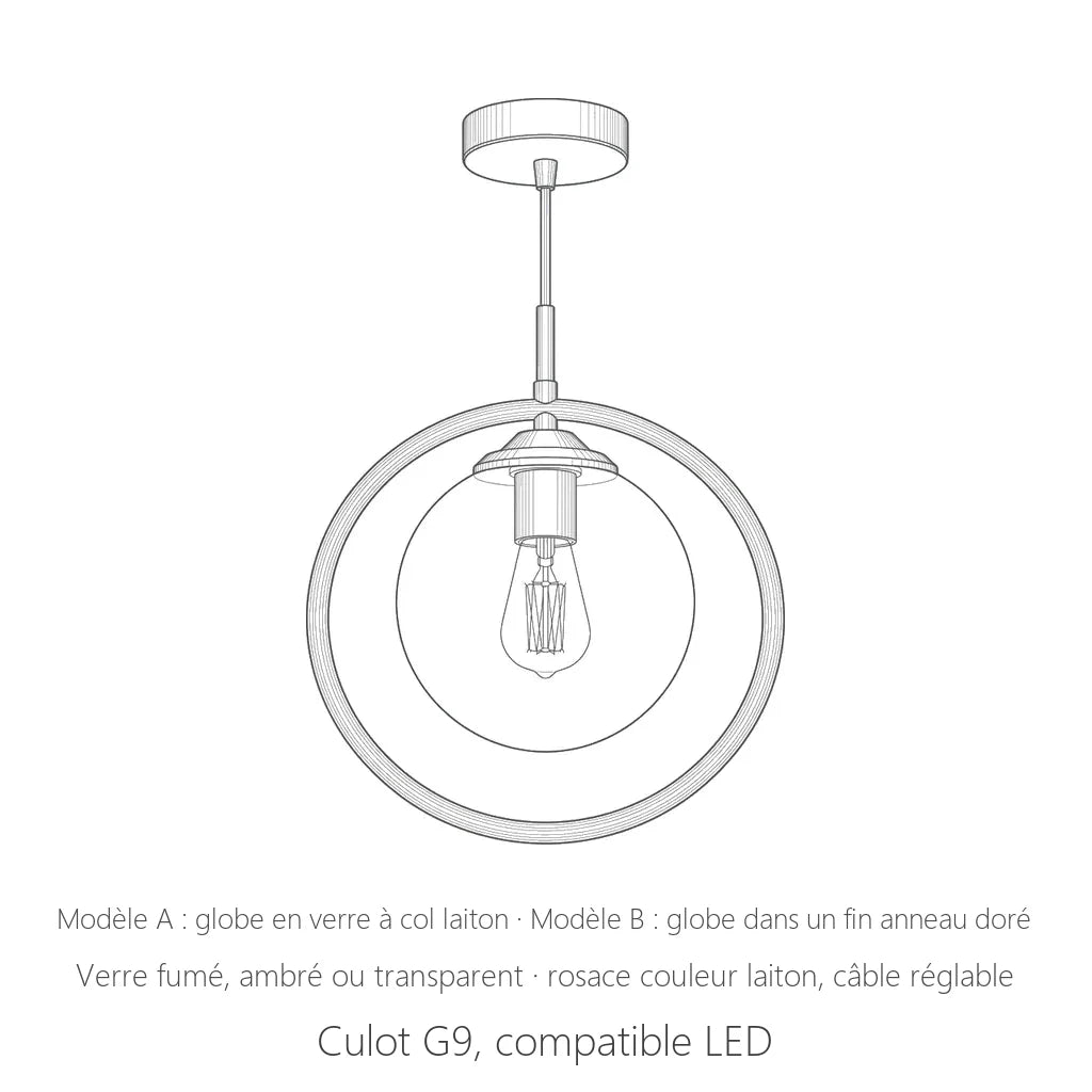 Schéma de la suspension globe en verre, modèles A et B, culot G9