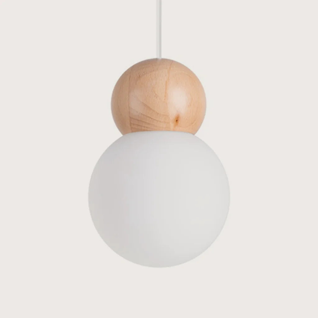 Suspension globe verre dépoli et bois naturel