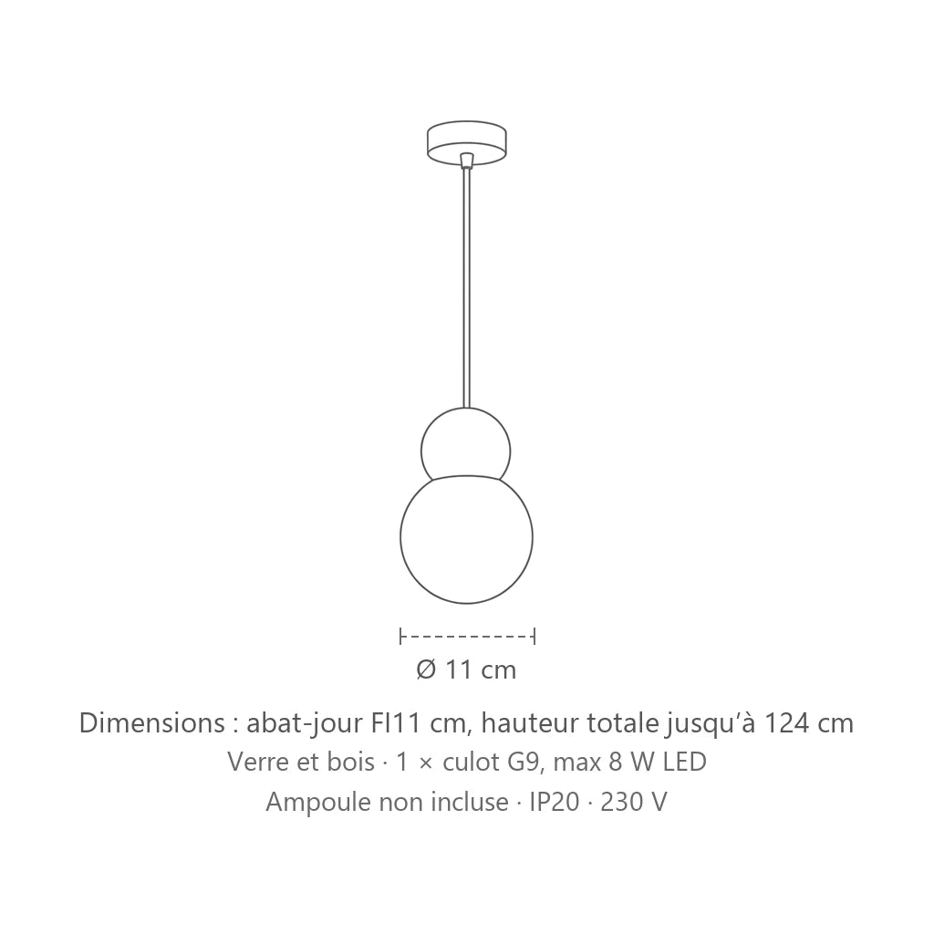 Dimensions : suspension globe verre dépoli et bois naturel, abat-jour FI11 cm, hauteur totale jusqu’à 124 cm