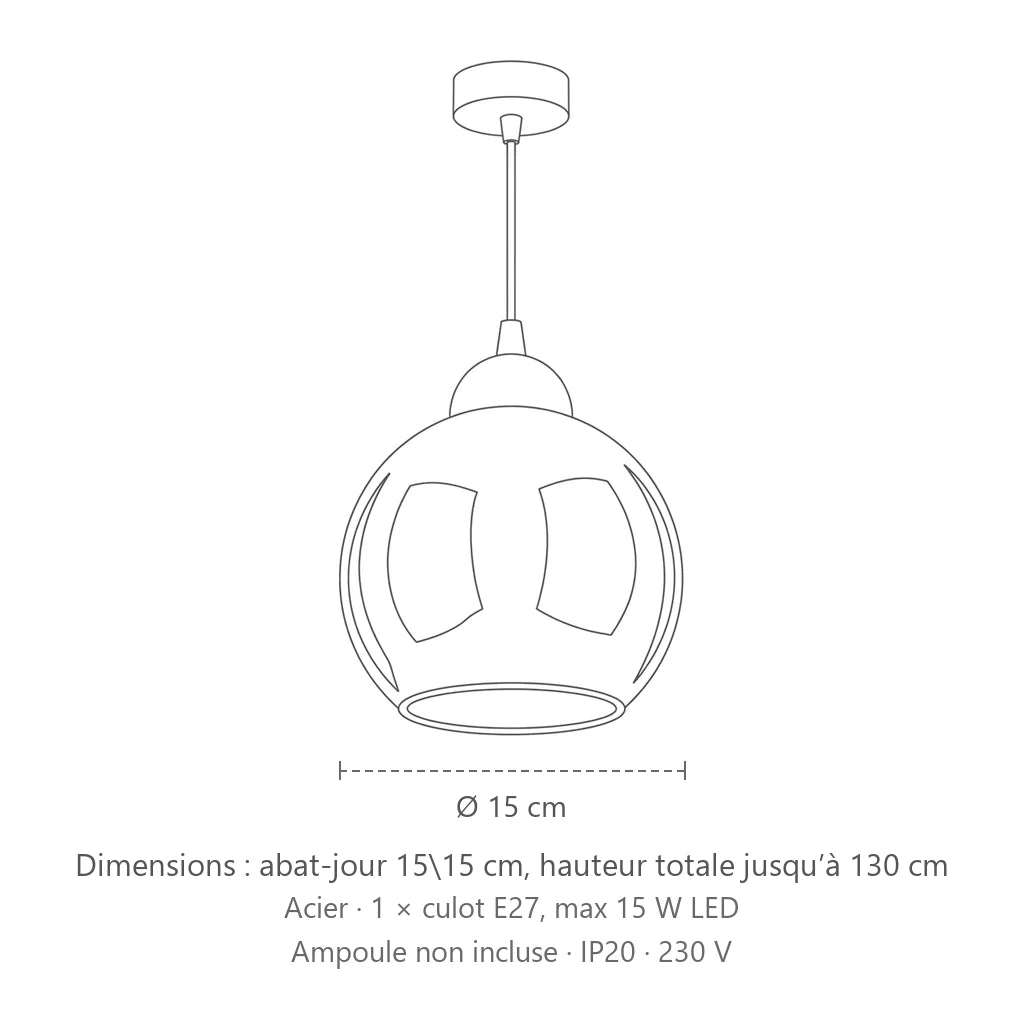 Dimensions : suspension globe en verre fumé (1 lumière), abat-jour 15\15 cm, hauteur totale jusqu’à 130 cm
