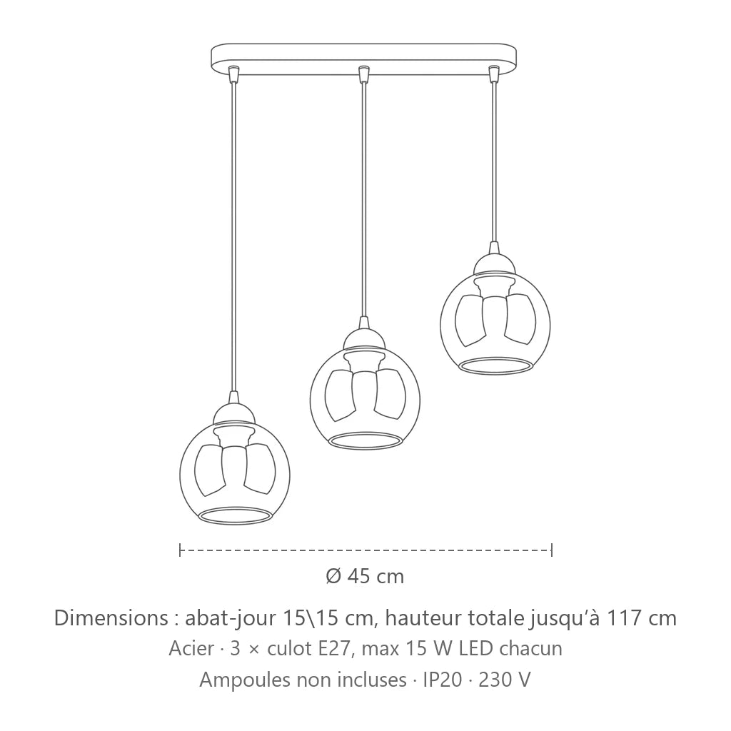 Dimensions : suspension globe en verre fumé (3 lumières), abat-jour 15\15 cm, hauteur totale jusqu’à 117 cm