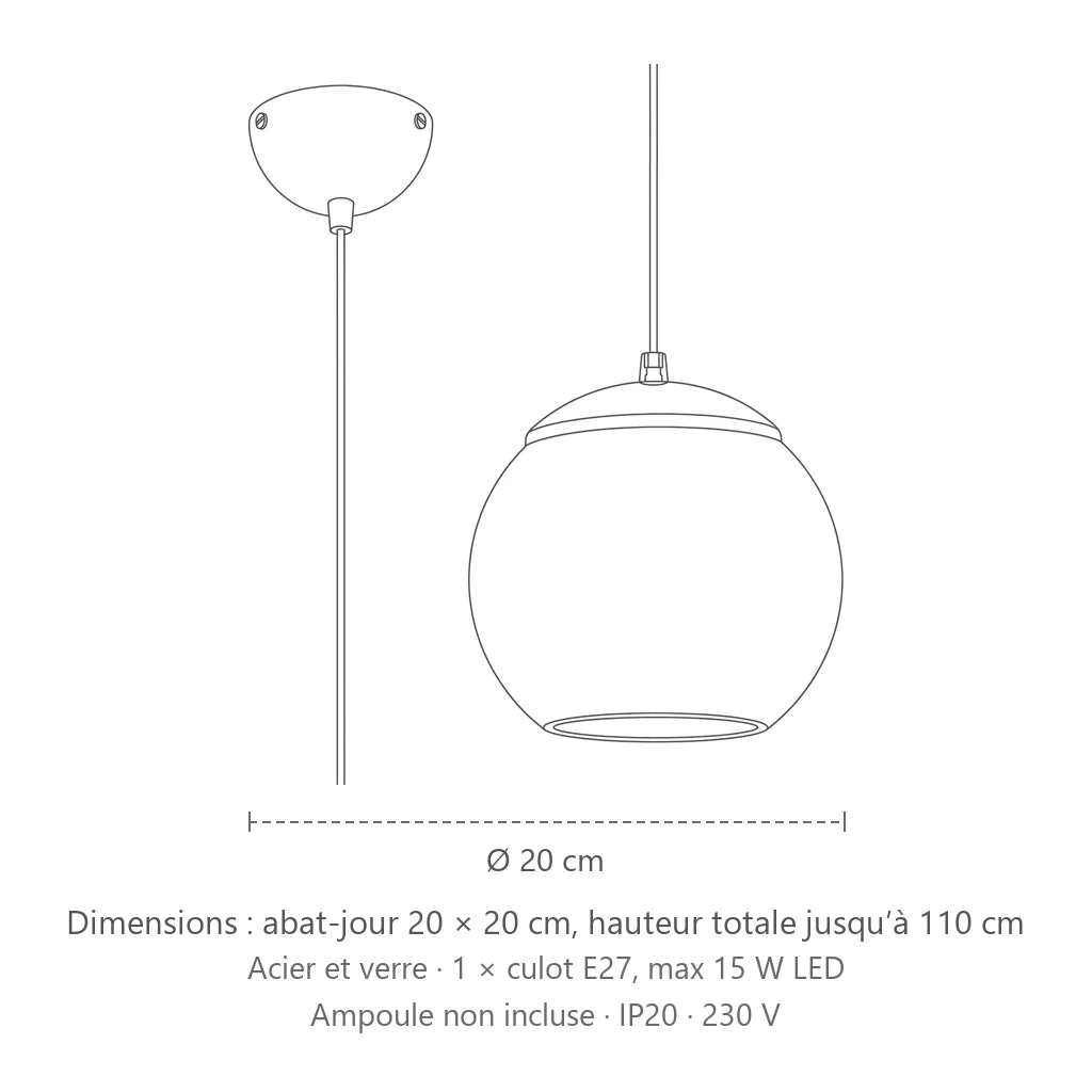Dimensions : suspension globe en verre opalin (Ø 20 cm), abat-jour 20 × 20 cm, hauteur totale jusqu’à 110 cm