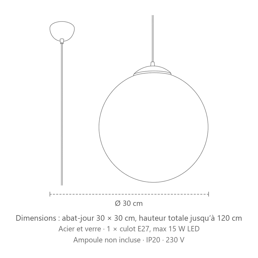 Dimensions : suspension globe en verre opalin (Ø 30 cm), abat-jour 30 × 30 cm, hauteur totale jusqu’à 120 cm