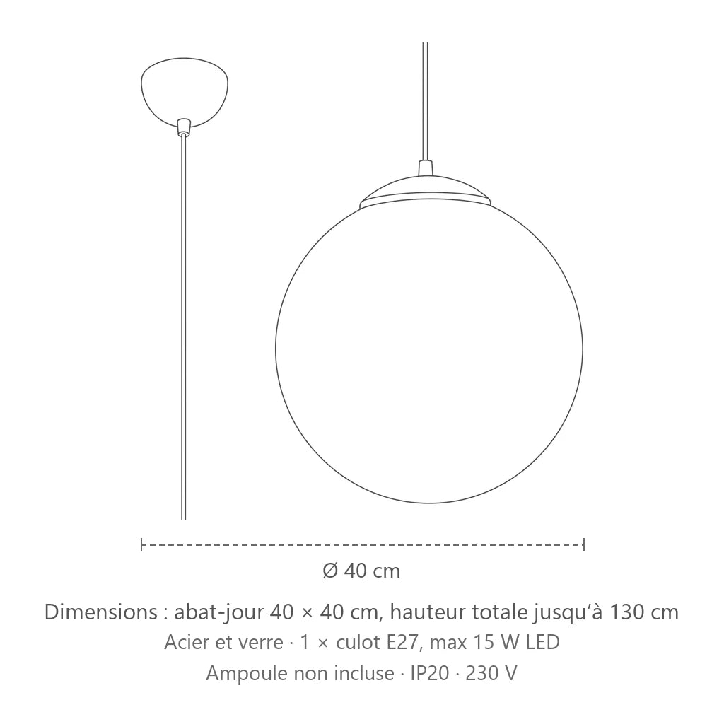 Dimensions : suspension globe en verre opalin (Ø 40 cm), abat-jour 40 × 40 cm, hauteur totale jusqu’à 130 cm