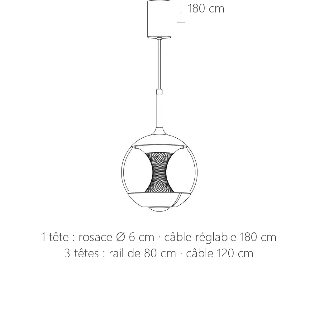 Dimensions de la suspension globe de verre : câble 180 cm, rail 80 cm