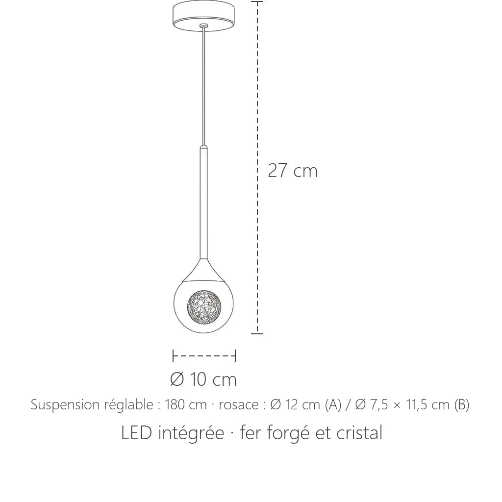 Dimensions de la suspension goutte en cristal : Ø 10 cm, 27 cm de haut