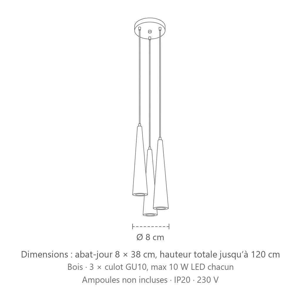 Dimensions : suspension grappe 3 cônes effilés en bois naturel, abat-jour 8 × 38 cm, hauteur totale jusqu’à 120 cm