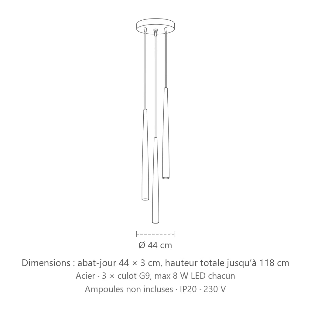 Dimensions : suspension grappe 3 fuseaux noirs effilés, abat-jour 44 × 3 cm, hauteur totale jusqu’à 118 cm