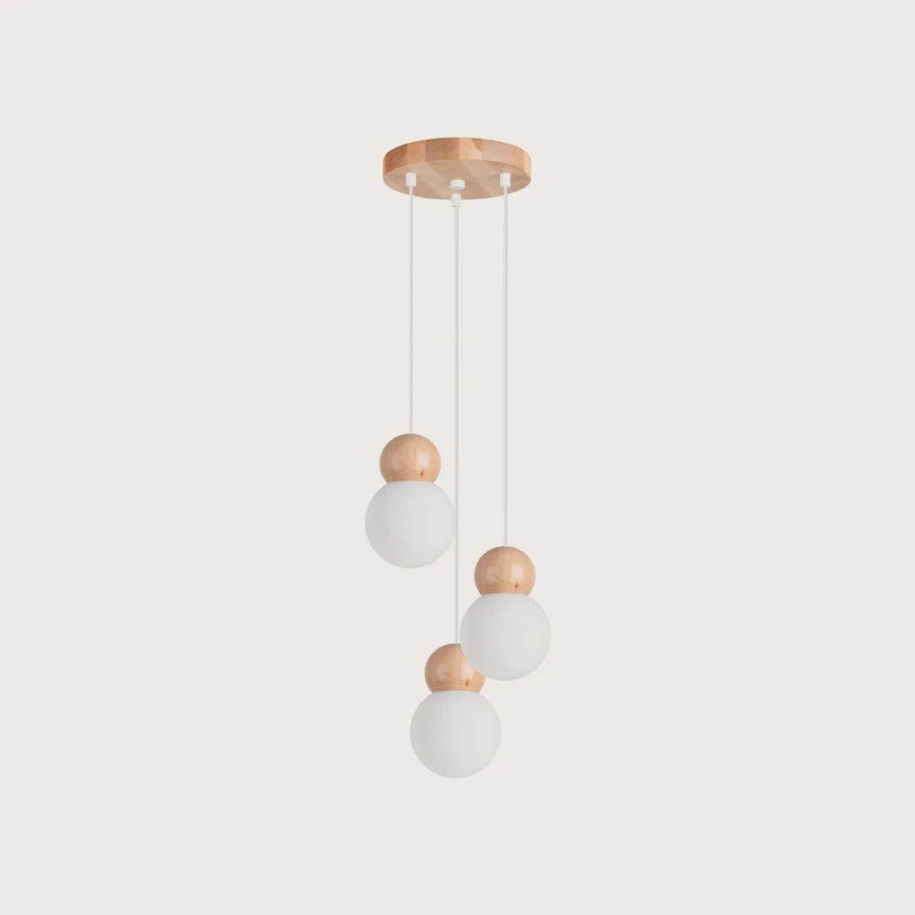 Suspension grappe 3 globes verre dépoli et bois naturel