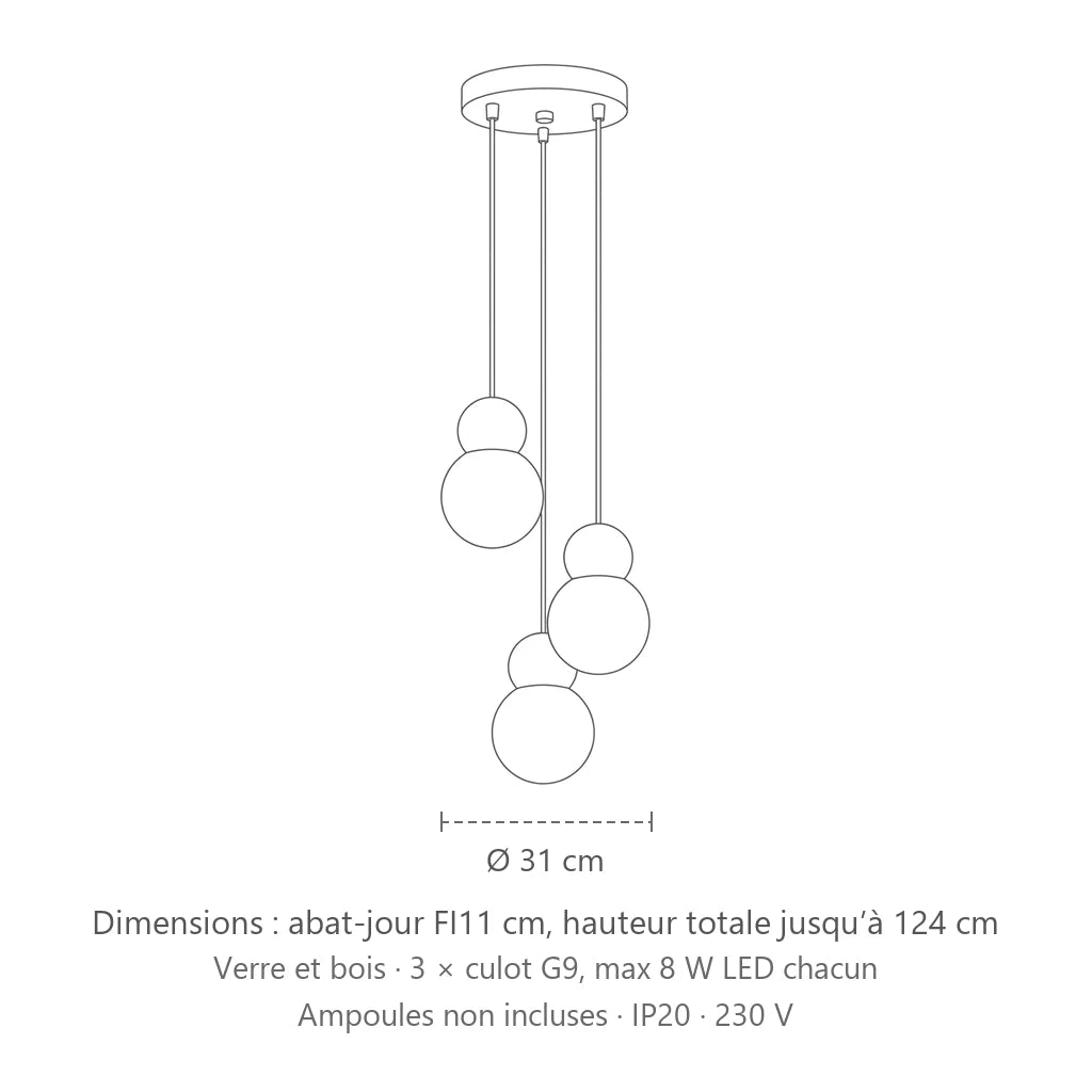 Dimensions : suspension grappe 3 globes verre dépoli et bois naturel, abat-jour FI11 cm, hauteur totale jusqu’à 124 cm
