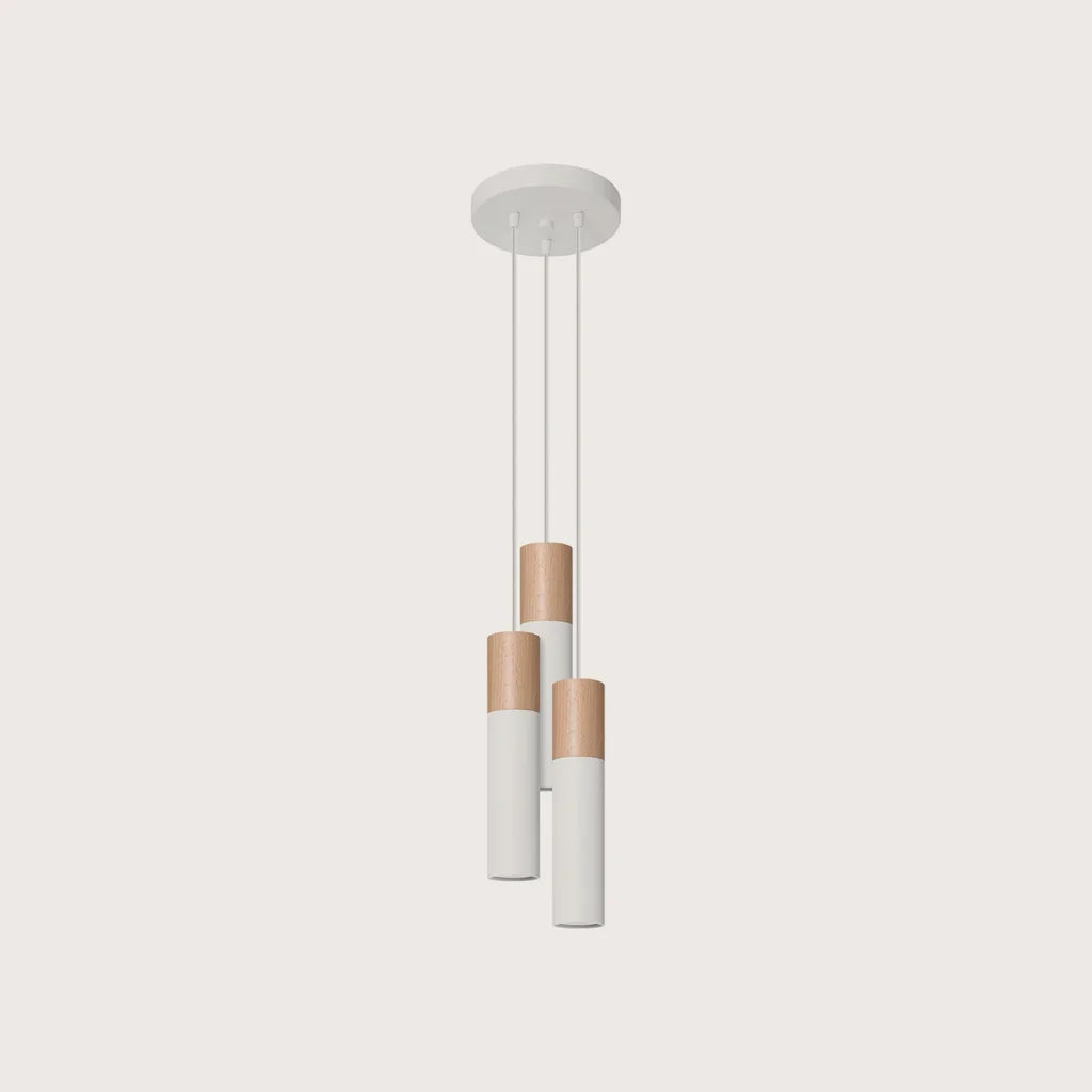 Suspension grappe 3 tubes acier et bois, coloris blanc et bois naturel